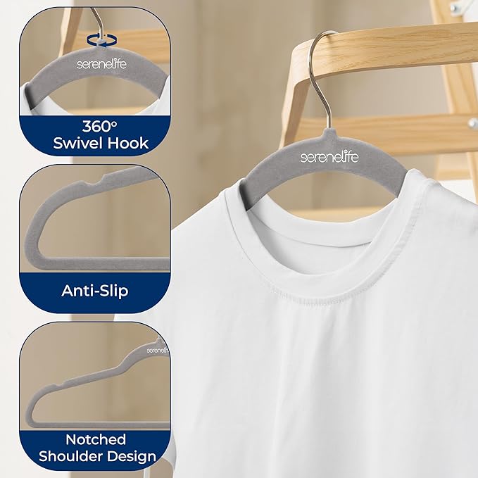 SereneLife 150 Pack Velvet Hangers - Non-Slip with 360° Swivel Hook - Ultra-Thin, Lightweight, Space-Saving, Felt Hangers for Shirts, Sweaters, Hoodies, Kids Clothes & Dresses
