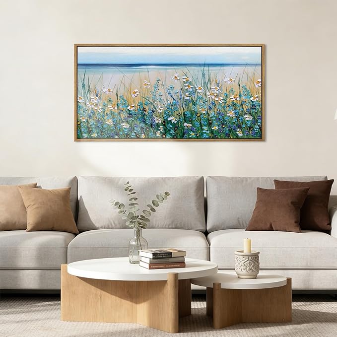 Large Blue Seaside Cyan Floral Wall Paintings Wildflowers Blossom Art Prints Framed Blue Flowers Artwork Floral Wall Art Wildflower Wall Pictures for Living Room Bedroom 20x40 Inch