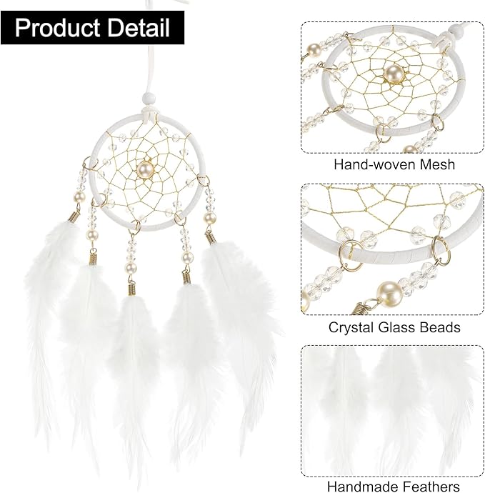 uxcell 2pcs Dream Catchers, Small Handmade Feather Dreamcatcher Supplies Car Charm with Crystal Beads Wall Hanging Decor for Home Car Decoration Ornament Women Friend Gift, White/Silver
