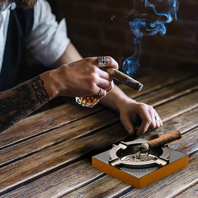 Cigar Ashtray Metal Outdoor Cigar Cigarette Ashtray for Outside Patio/Home Decor Modern Table Cigar Ashtrays,Cigar Ash tray Accessories Gifts for Men-(Square,Alloy)