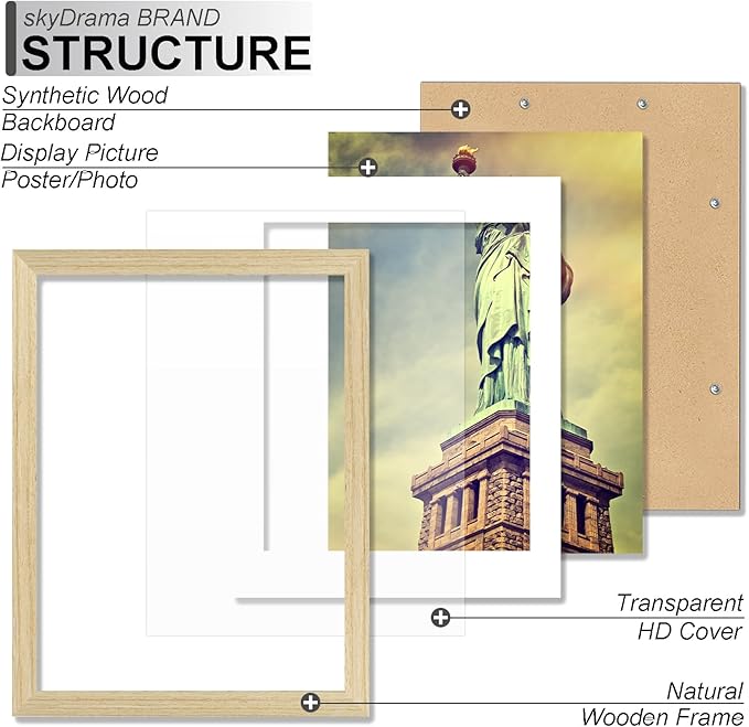 100% Solid Wood 11x14 Picture Frame Set of 5, Natural Oak Frame Display Photo 8x10 with Mat or 11 x 14 without Mat, 11 by 14 Frame Natural Wood Finish for Wall - 5 Pack/Natural/11 x14