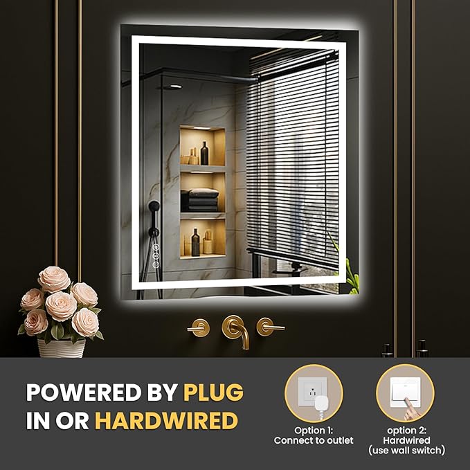 LOAAO 24"X28" LED Mirror for Bathroom, Lighted Bathroom Mirror with Lights, Anti-Fog, Dimmable, Memory Function, Clear Reflection