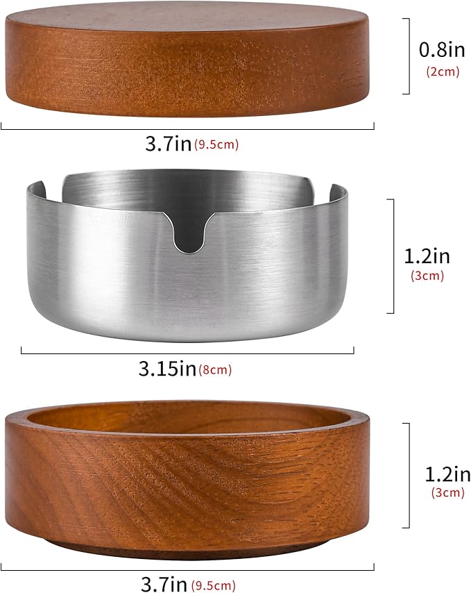 Wooden Ashtray with Lid for Smokers Stainless Steel Liner Ash Tray Windproof Durable Easy to Clean Cool Ashtrays for Indoor or Outdoor Use, Patio, Office & Home (Red)