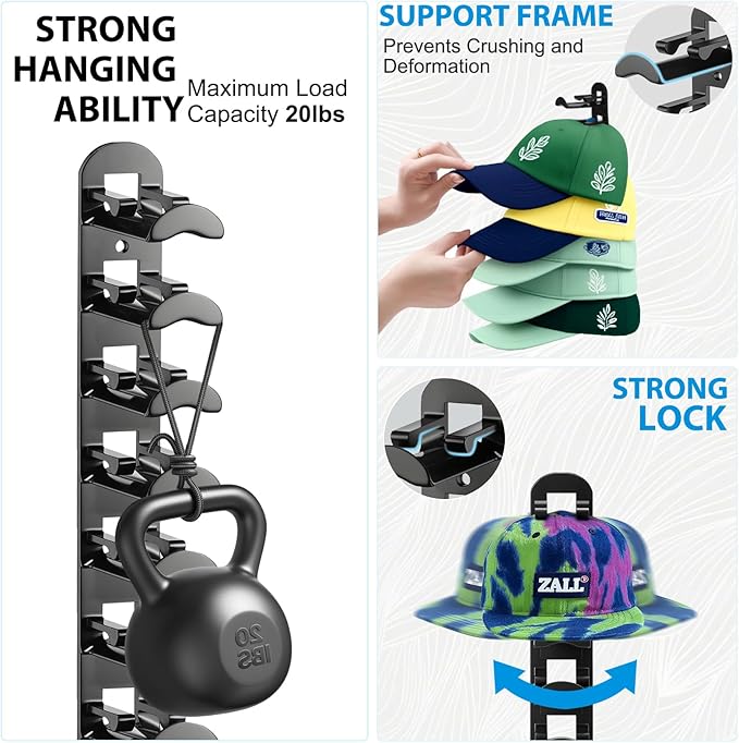 4 Pack Hat Organizer Hat Hook for Wall,Hold up to 40 Hats,Hat Holder with Strong Adhesive and Screws,Cap Holder Hat Hangers for Wall Closet Door and Bedroom(B-Black,4pcs)