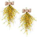 Forsythia Spring Teardrop Swag, 2Pcs Artificial Spring Summer Floral Hanging Swags with Bow for Door Wall Mantel Window Wedding Home Decor (Yellow)
