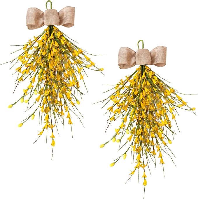Forsythia Spring Teardrop Swag, 2Pcs Artificial Spring Summer Floral Hanging Swags with Bow for Door Wall Mantel Window Wedding Home Decor (Yellow)