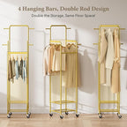 Chrislley Clothes Rack with Wheels, 71" Portable Clothing Rack with 2 Shelves and 4 Hooks, Small Rolling Garment Rack, 4 Hanging Rods Metal Coat Rack for Bedroom, Apartment, Entryway, Gold