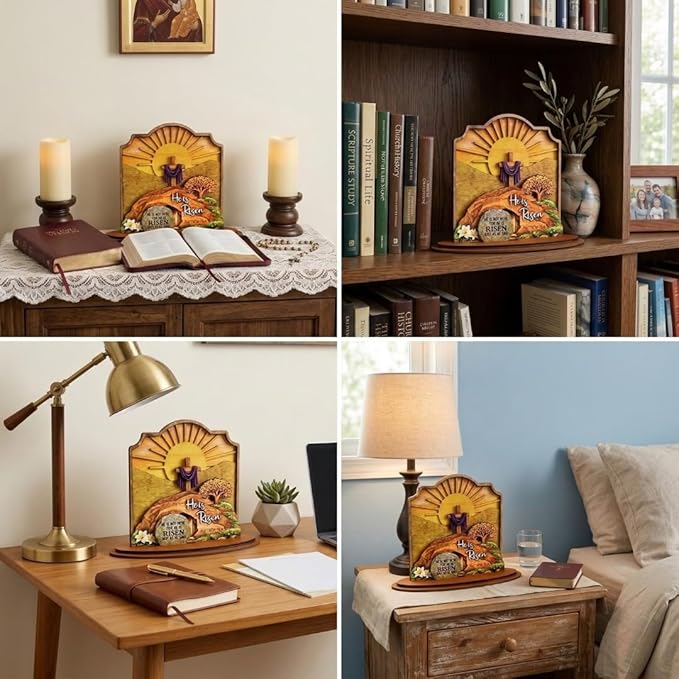 KATINAT He Is Risen Easter Decor, 3-Layer Wooden Empty Tomb Scene with Movable Stone, Religious Easter Decorations for Home Tabletop Shelf, Christian Gift Box Included, 6x6 Inch