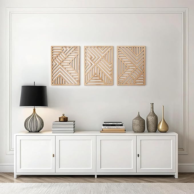 qmmp Modern Wooden Wall Sculptures - Set of 3 - Home Decor Accent - Large Wall Art for Living Room, Bedroom, Office - Easy Installation (Oak, Large - Direction)