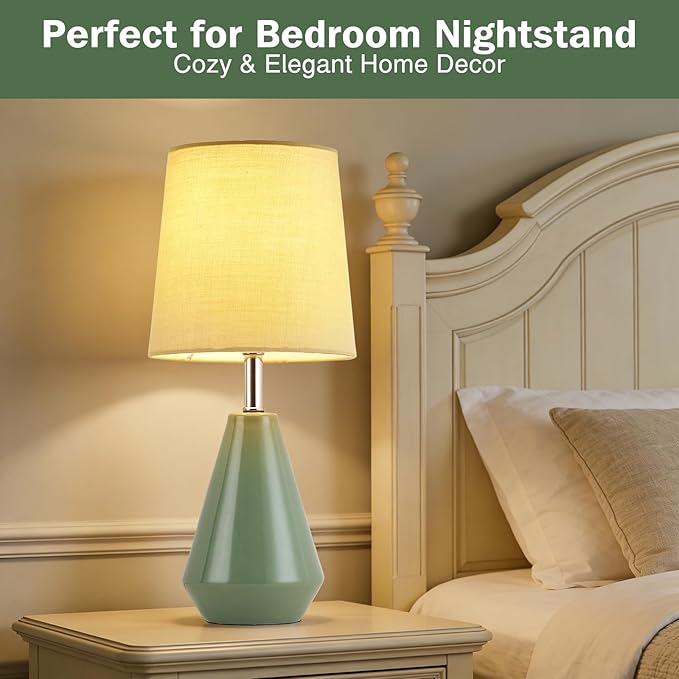 Small Bedside Table Lamp for Bedroom - Reading Desk Lamp with 3 Color Temperatures，15.5" Nightstand Ceramic Lamp with Fabric Shade for Kids Room,Living Room,Dorm,Home Office (Green)