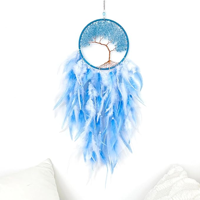 Dream Catchers, Sky Blue Dream Catcher Tree of Life Wall Decor, with Natural Healing Crystal Stone, Perfect Handmade Dreamlike Crystal Dream Catcher for Bedroom Art Craft Gift