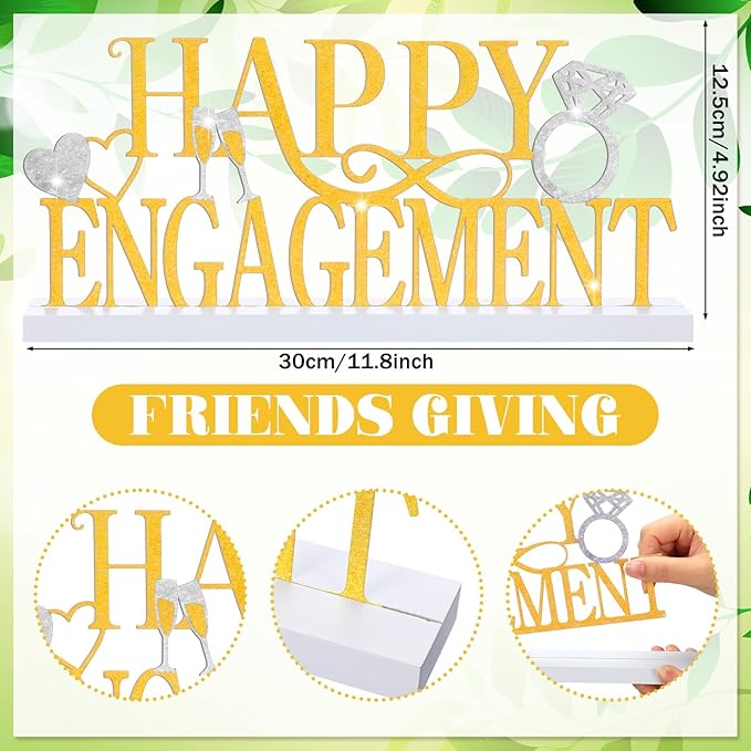 Teenyyou Happy Engagement Sign Gold Engagement Table Decor Metal Centerpiece with Wooden Base Home Desk Decor Tabletop Ornament Elegant Blessing Gift for Bride and Groom Wedding Shower Ceremony Party