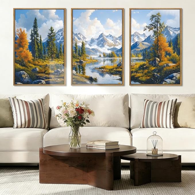 BINCUE Framed Mountain Landscape Wall Art Nature Forest Wall Decor Tree and River Art Print Nature Landscape Artwork Mountain Forest Wall Pictures for Living Room Bedroom Office Farmhouse 16x24 Inches Set of 3 Gift