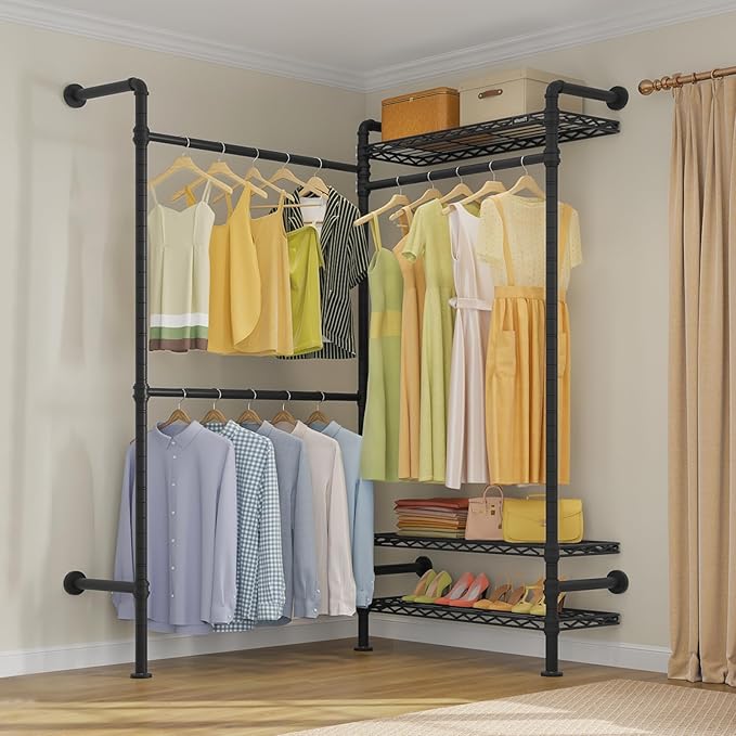 Timate L2 Wall Mounted Clothes Rack Industrial Pipe Clothing Rack for Hanging Clothes, Adjustable Expandable Garment Rack Heavy Duty Closet Organizer, Black Mounted Storage Industrial Closet System