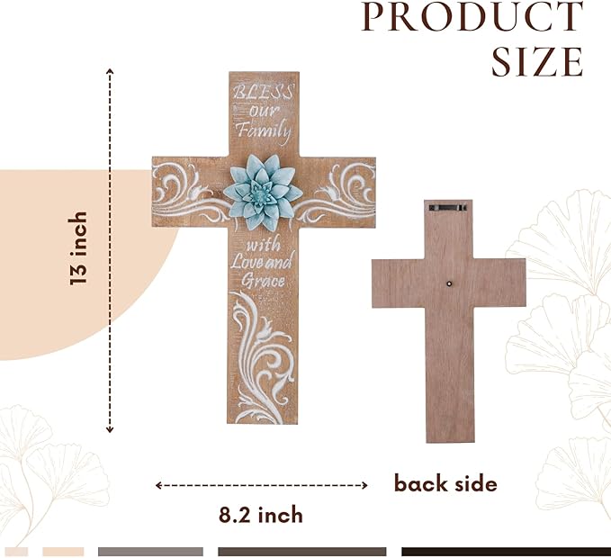TRENDIN Rustic Cross Decor for Wall, Wooden Decorative Wall Cross with Metal Flowers, Bless Our Family Christian Home Decor, Farmhouse Hanging Art for Living Room, Entryway, Bedroom