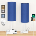 ZJOJO Table Lamp for Bedroom 2 Pack,18in Bedside Lamps with 3 Way Dimmable Rocker Switch & AC Outlet,Nightstand Desk Lamp with Blue Fabric Shade White Base for Living Room Home Decor Lights