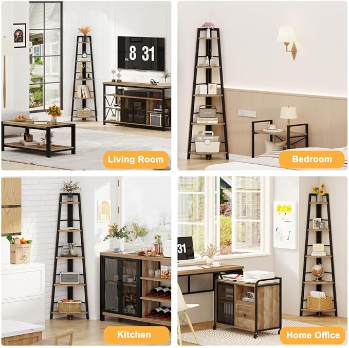 BON AUGURE Corner Ladder Shelf, 5 Tier Metal Wood Corner Bookshelf, Tall Shelving Unit Shelf Plant Stand for Living Room, Home Office, Bathroom (Vintage Oak)