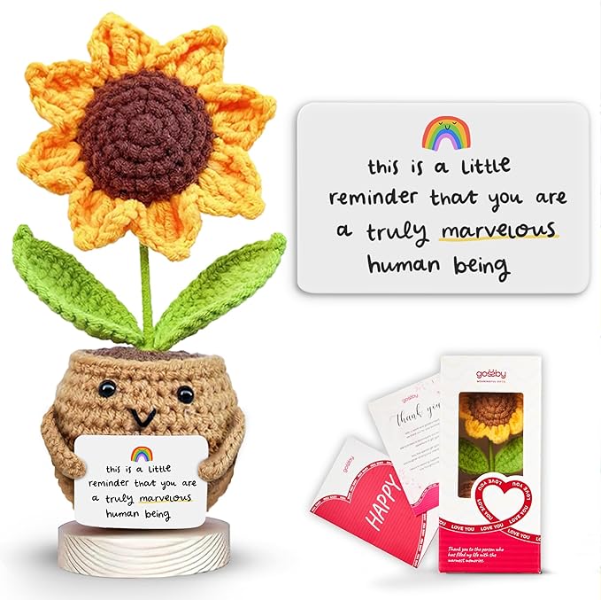 GOSSBY Thank You Gift for Women - Positive Sunflower Crochet - Appreciation, Inspirational, Christmas, Birthday Gift Teacher, Coworker, Friend, Employee - Little Reminder Emotional Support Plush