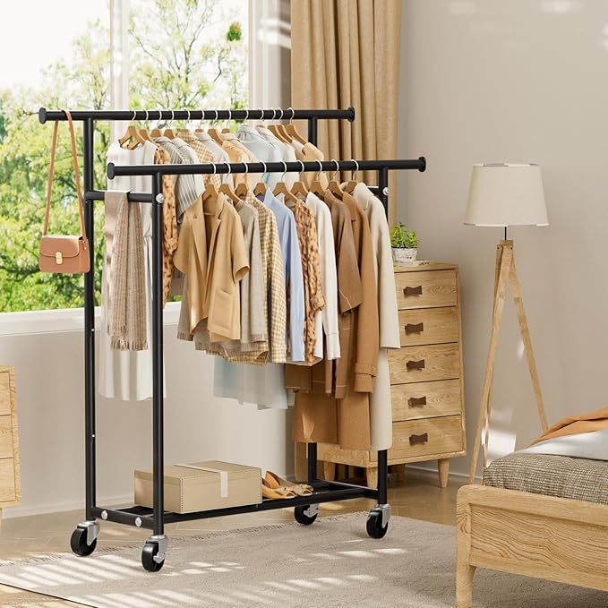 Clothes Rack, Double Rods Rolling Clothing Rack for Hanging Clothes, Portable Garment Rack with Wheels, Coat Rack Wardrobe Closet Load 240 LBS for Bedroom Laundry Room, Black