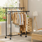 Clothes Rack, Double Rods Rolling Clothing Rack for Hanging Clothes, Portable Garment Rack with Wheels, Coat Rack Wardrobe Closet Load 240 LBS for Bedroom Laundry Room, Black