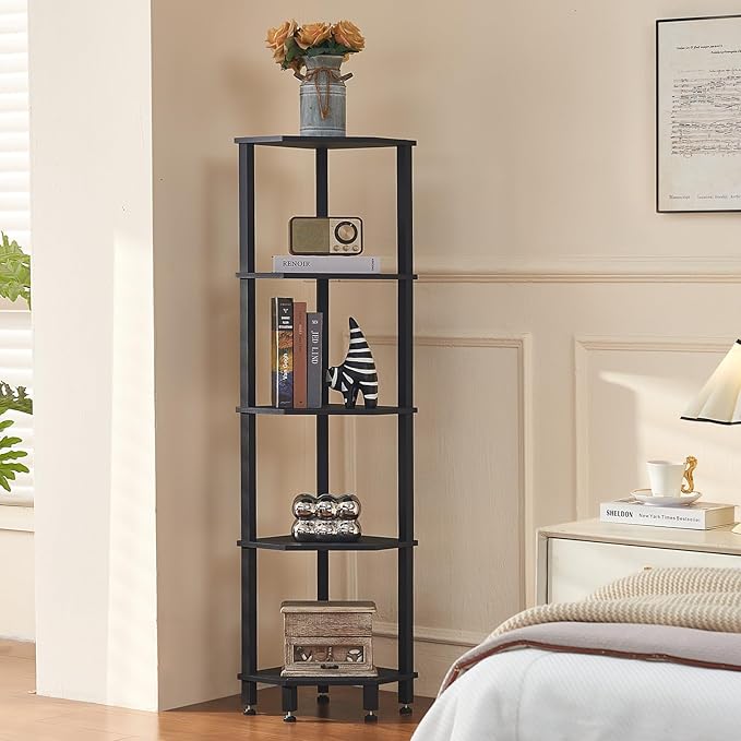 YUFAM 5-Tier Corner Shelf with Sturdy 5-Leg Base, Wooden Corner Bookshelf for Small Spaces, Corner Standing Shelf for Living Room, Bedroom, Office, Black