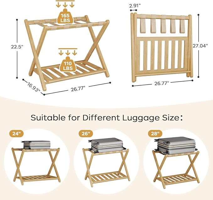 Full Assembled 26.77"L Luggage Rack for Guest Room, Set of 1 Foldable Suitcase Stand with 5 Nylon Straps, Luggage Holder with Shoe Shelf for Suitcases, Hotel (Natural Wood Bamboo Luggage Stands)