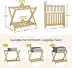 Full Assembled 26.77"L Luggage Rack for Guest Room, Set of 2 Foldable Suitcase Stand with 5 Nylon Straps, Luggage Holder with Shoe Shelf for Suitcases Hotel (Natural Wood Bamboo Luggage Stands)