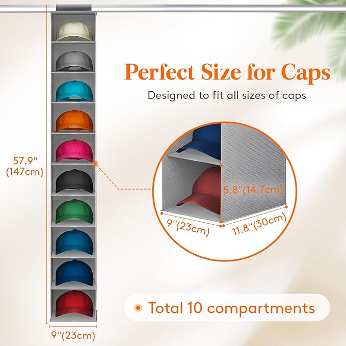 Lifewit Hat Organizer for Baseball Caps, Hat Rack Hanging Storage, Non-Woven Fabric Display Shelf Holds Up to 40 Hats, Cap Holder Hanger for Closet, Bedroom, 10 Compartments, Gray, 1 Pack