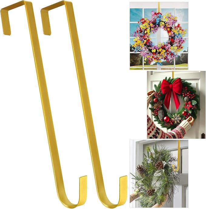 12" Metal Wreath Hanger for Front Door Non-Scratch, 2 Pack Gold Wreath Hanger Heavy Duty, Over-the-Door Hooks for Hanging Welcome Sign, Wreath Holder for Easter, Halloween, Fall, Christmas Decorations