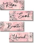 ONIZHITY 4 Pieces Pink Wall Decor Pink Floral Bathroom Decor Wooden Girls Room with Relax Soak Unwind Breathe Positive Hanging Wall Art for Girl Teen Women Bedroom Living Room Decoration (10X4In)