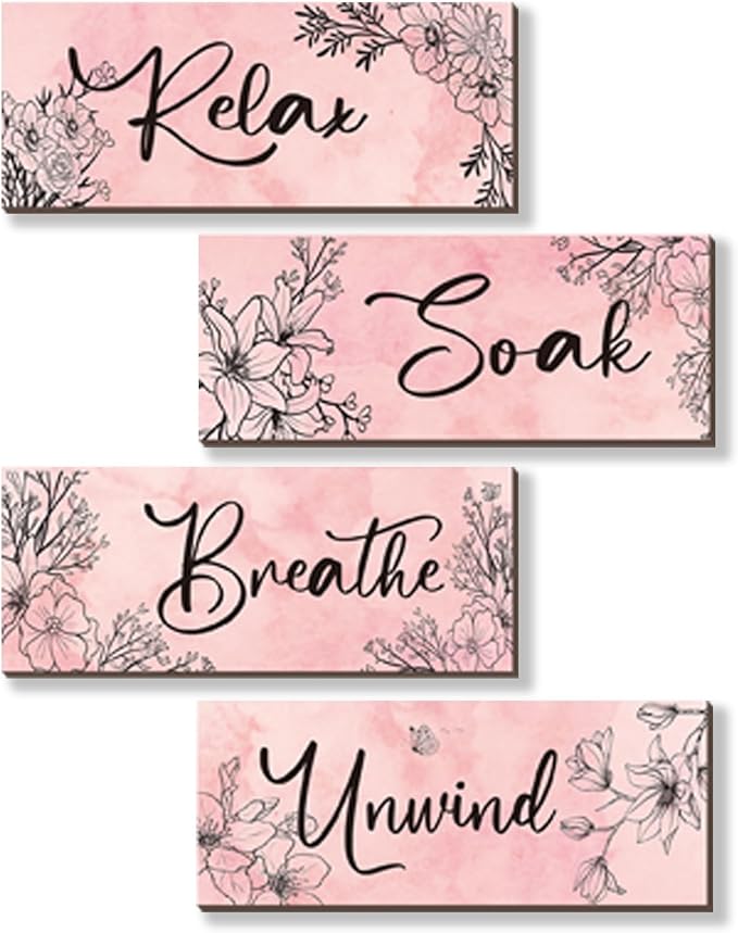 ONIZHITY 4 Pieces Pink Wall Decor Pink Floral Bathroom Decor Wooden Girls Room with Relax Soak Unwind Breathe Positive Hanging Wall Art for Girl Teen Women Bedroom Living Room Decoration (10X4In)