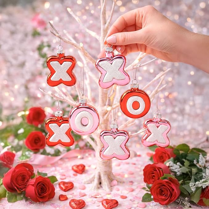 Lillian Vernon XOXO Valentines Ornaments -, 12-Piece Set, Blown Glass, Handcrafted Hanging Tree Decorations, Valentine's Day Holiday & Party Decor, Red & Pink Design