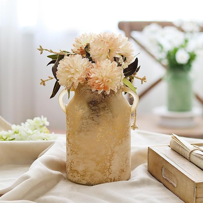 Glass Flower Vase with Handle- 8 Inches Rustic Imitation Ceramic Vase for Flowers, Vintage White Brown Centerpiece Decorations for Farmhouse, Modern Home, Table & Holiday Decorations