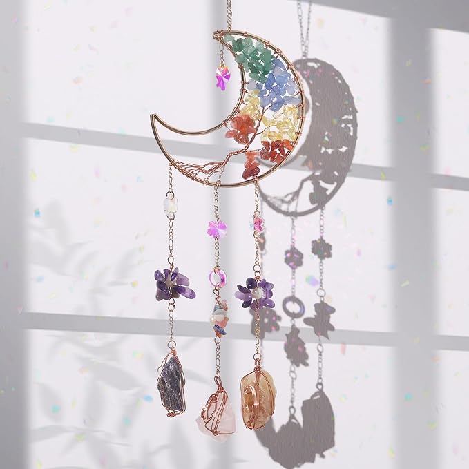 Mini Rainbow Crystals Crescent Moon Sun Catcher Tree of Life Dream Catchers Suncatcher with Quartzs Handmade Dreamcatcher Wall Decor for Adults Boys Girls Bedroom Wedding Garden Bless Gift