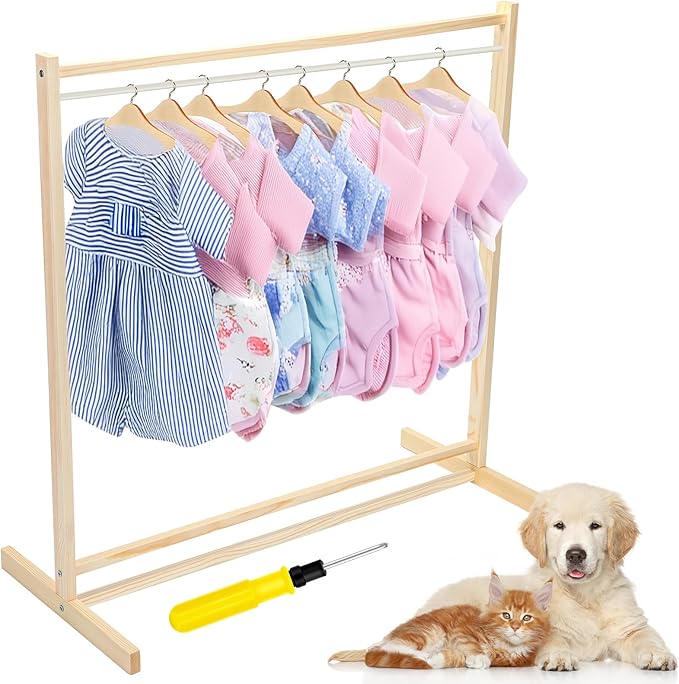 Estune Dog Garment Rack with 12 Wood Pet Clothes Hanger Wooden Dog Dress up Storage Small Closet Pet Clothes Organizer Accessories for Doll Cat and Puppy(Medium)