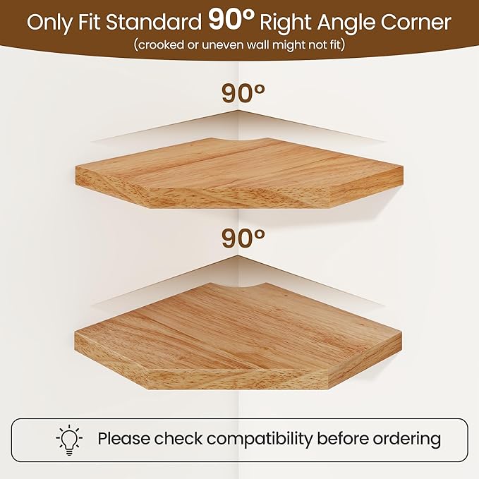 Fun Memories Corner Shelf Wall Mount Set of 2 - Solid Oak Wood Floating Corner Shelf with Cable Hole, 7in Rustic Design for Bedroom, Living Room, Kitchen (Natural)