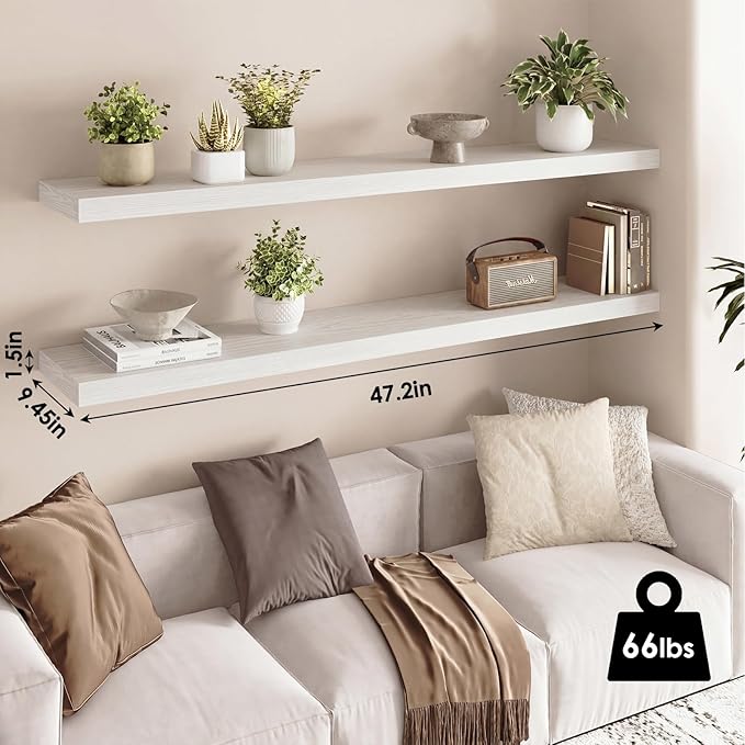 Fixwal Floating Shelves for Wall, 47.2" Long Heavy Duty Wall Mounted Rustic Wood Shelves for Living Room, Bedroom, Bathroom and Kitchen, for Storage, Books, Room Decor (White, Set of 2)