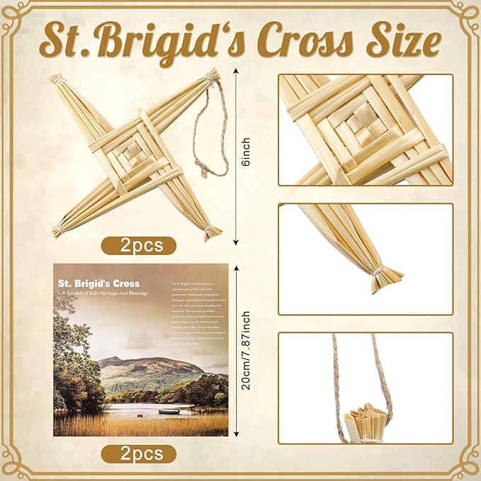 Kathfly 2 Pcs St. Brigid's Wall Cross and Card Irish Gift Saint Brigid's Cross History Card Irish Blessing Gift Ireland Hanging Wall Traditional Decor for Celtic Imbolc Home(6 in,Classic,Straw Color)