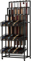 Heavy Duty Belt Display Stand, Metal Belt Rack with 360° Rolling Wheels, Multi-Functional Accessory Display for Belts/Scarves/Wallets, Retail Belt Organizer for Store/Closet/Boutique