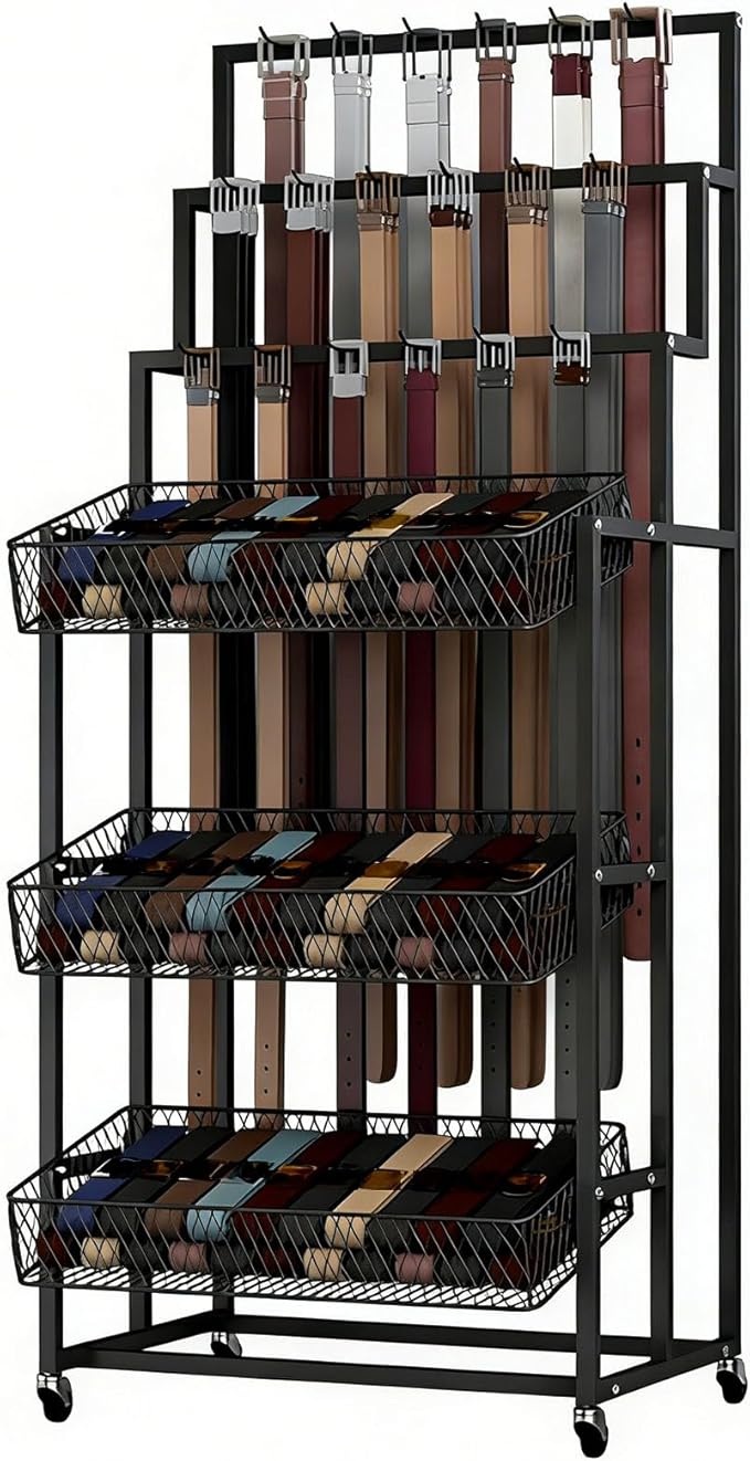 Heavy Duty Belt Display Stand, Metal Belt Rack with 360° Rolling Wheels, Multi-Functional Accessory Display for Belts/Scarves/Wallets, Retail Belt Organizer for Store/Closet/Boutique