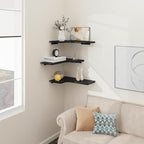 Homode Corner Shelves Wall Mounted, Set of 3 Floating Corner Shelves with Cord Hole, 3 Tier Wooden Hanging Display Shelf for Bathroom Kitchen Living Room, Black