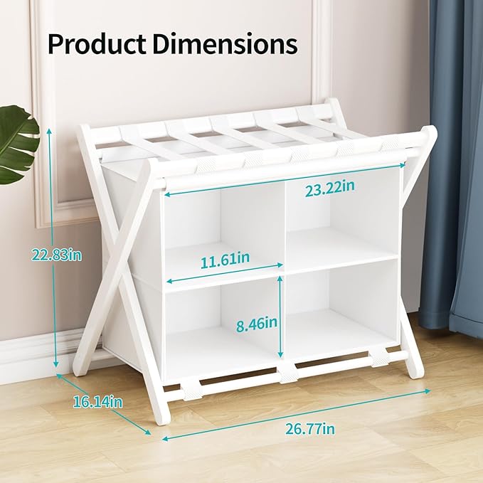 White Bamboo Luggage Rack with 4 Storage Compartments ，Foldable Suitcase Stand, Luggage Rack for Guest Room , 150lbs Capacity, Sturdy,
