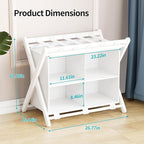 White Bamboo Luggage Rack with 4 Storage Compartments ，Foldable Suitcase Stand, Luggage Rack for Guest Room , 150lbs Capacity, Sturdy,