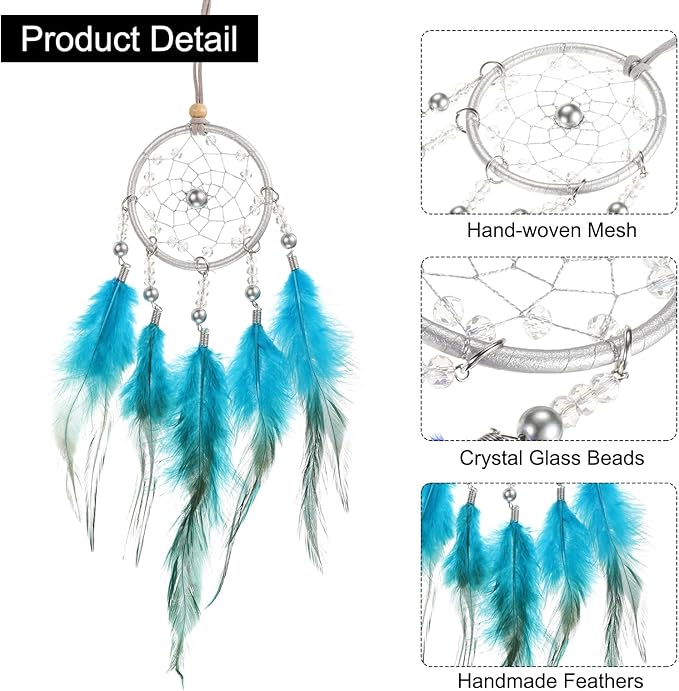 uxcell 2pcs Dream Catchers, Small Handmade Feather Dreamcatcher Supplies Car Charm with Crystal Beads Wall Hanging Decor for Home Car Decoration Ornament Women Friend Gift, Peacock Blue