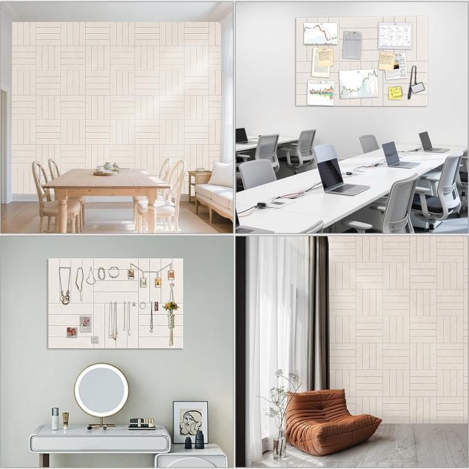 Large Cork Board Strips for Wall, 36" x 24" Bulletin Board, 6 Pack Fabric Wall Tiles with Pushpins, Adhesive Cork Board for Office, Sound Absorbing Bulletin Board Set for Home Music Class, Warm White