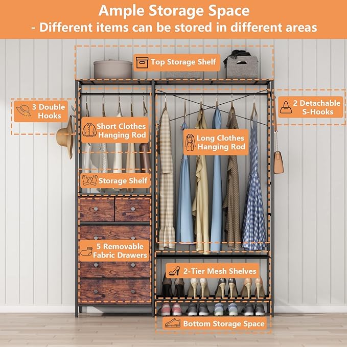 Auromie Heavy Duty Clothes Rack with 5 Drawers & 4 Storage Shelves, 70.9Hx59.1W Clothing Rack with 2 Hanging Rods, Wardrobe Closet Racks with 5 Hooks, Freestanding Garment Racks (Rustic Brown)