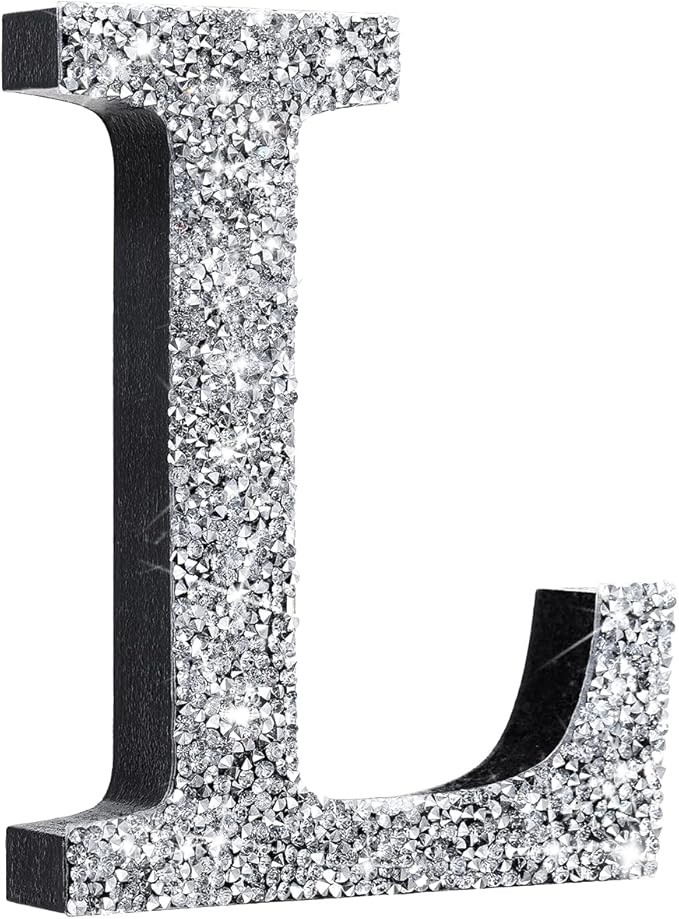 Qunclay 5.7" Silver Crystal Diamond Bling Letters Crushed Diamond Decoration Wooden Glitter Letter with Screw and Hooks Rhinestone Gift for Wedding Y2k Mcbling Bedroom Wall Decor (Letter L)