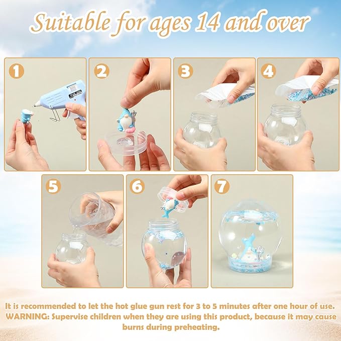 6 Set Beach Summer Snow Globe Craft Kit DIY Coastal Snow Globes with Ocean Gnomes, Glue Gun, Glitter & Ribbon for Summer Coastal Beach Party Favor