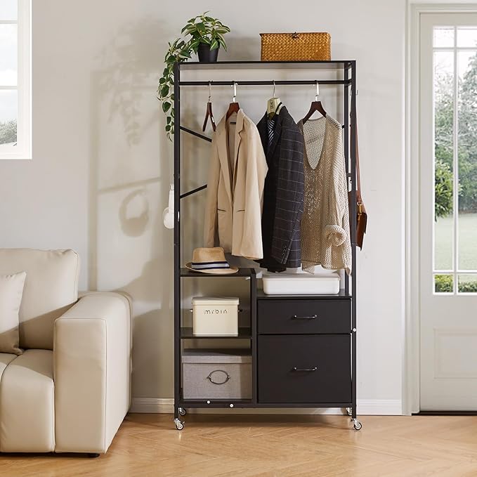 Clothes Rack, Heavy Duty Garment Rack for Hanging Clothes, Industrial Clothing Racks with Shelves, 2 Fabric Drawers, 4 Hooks, 1 Hanging Rods Black YD-TM080B