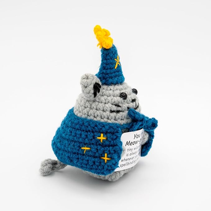 Handcrafted Crochet Witch Doll, Small 2.5x1.5x4 Inch Decorative Plush Figure, Yarn Material, Magical Theme, Inspirational Signs, for Ages 13+ (Cat Wizard)